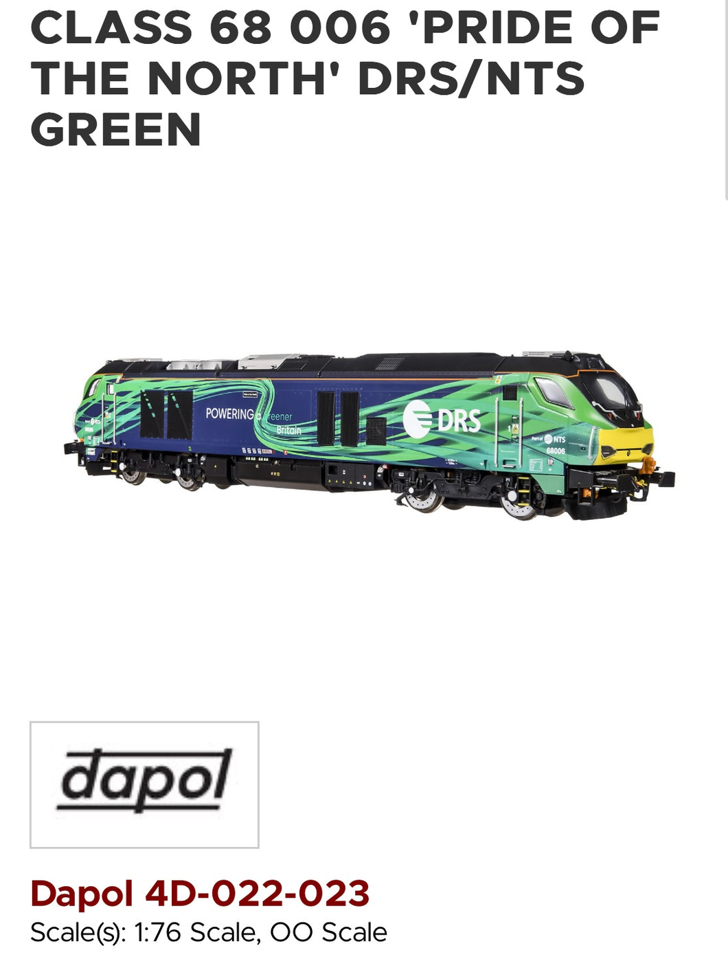 Dapol DA4D-022-023 class 68 no. 68006 ‘Pride of the North’ DRS / NTS green