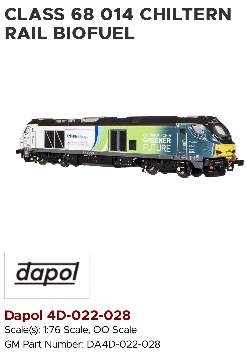 Dapol DA4D-022-028 class 68 no.68014 Chiltern Green Biofuel DCC ready